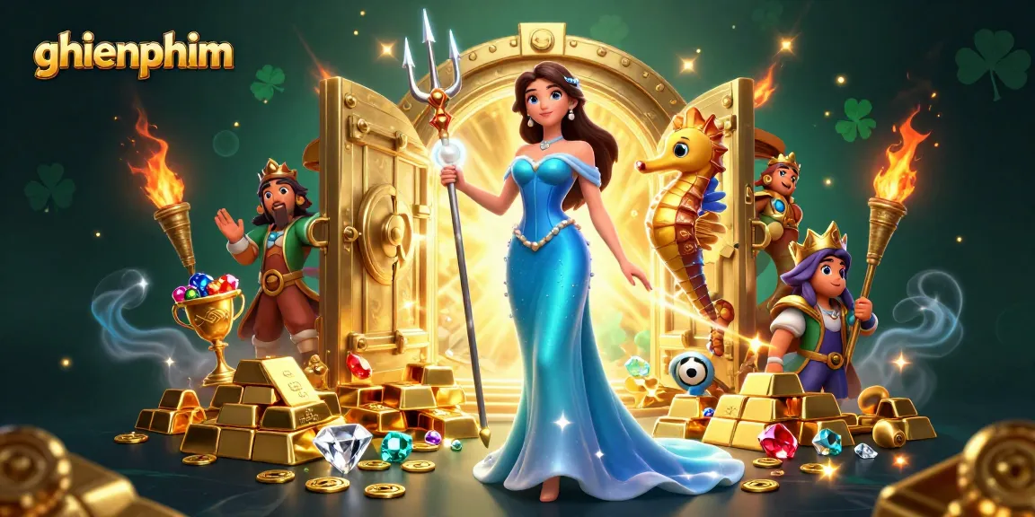 Experience thrilling gameplay on ghienphim with a stunning underwater casino illustration featuring vibrant treasures.