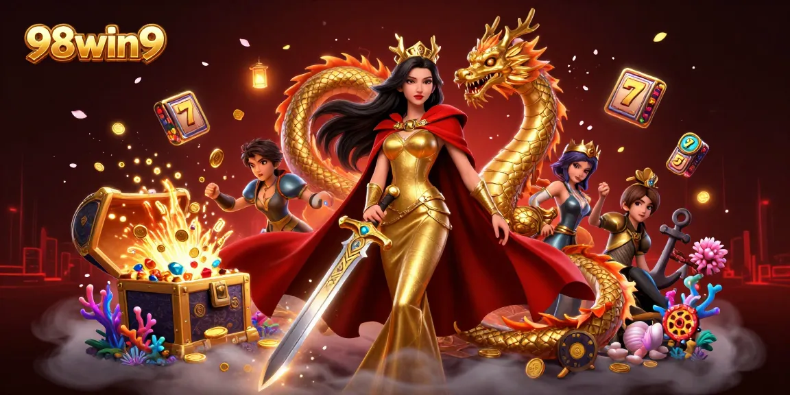 Win big with 98win9 in a vibrant casino scene featuring treasure and rewards