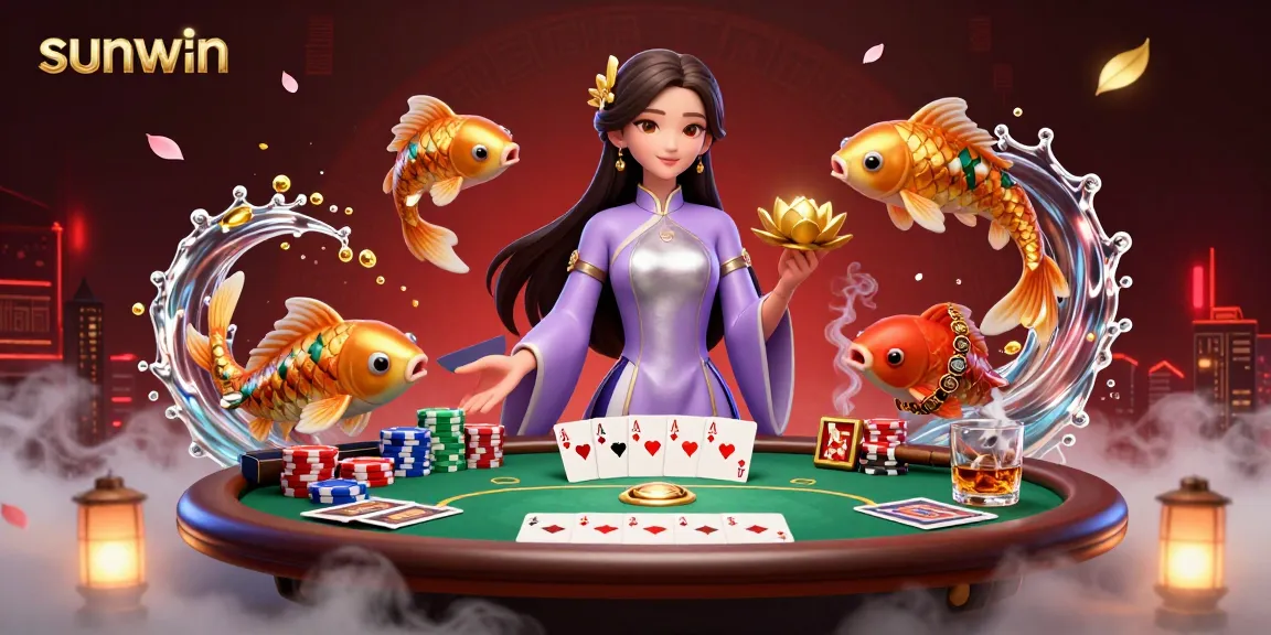 Experience sunwin's vibrant casino spirit with a captivating 3D digital illustration of a poker scene.