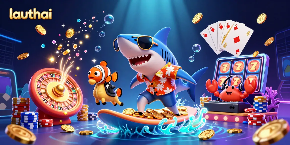 Surf the waves of wealth at lauthai with a shark, clownfish, and crab DJ amidst spinning roulette and coins.