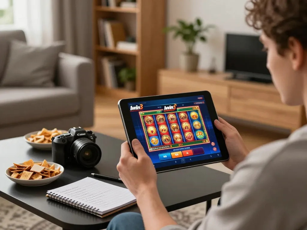 Engaging in llwin3 online casino gaming on tablet set in a cozy living room atmosphere.