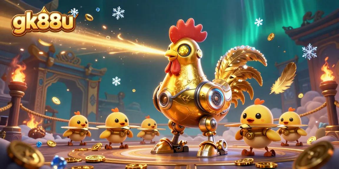 Experience thrilling gameplay with gk88u's golden rooster robot and chick drones in a vibrant casino scene.