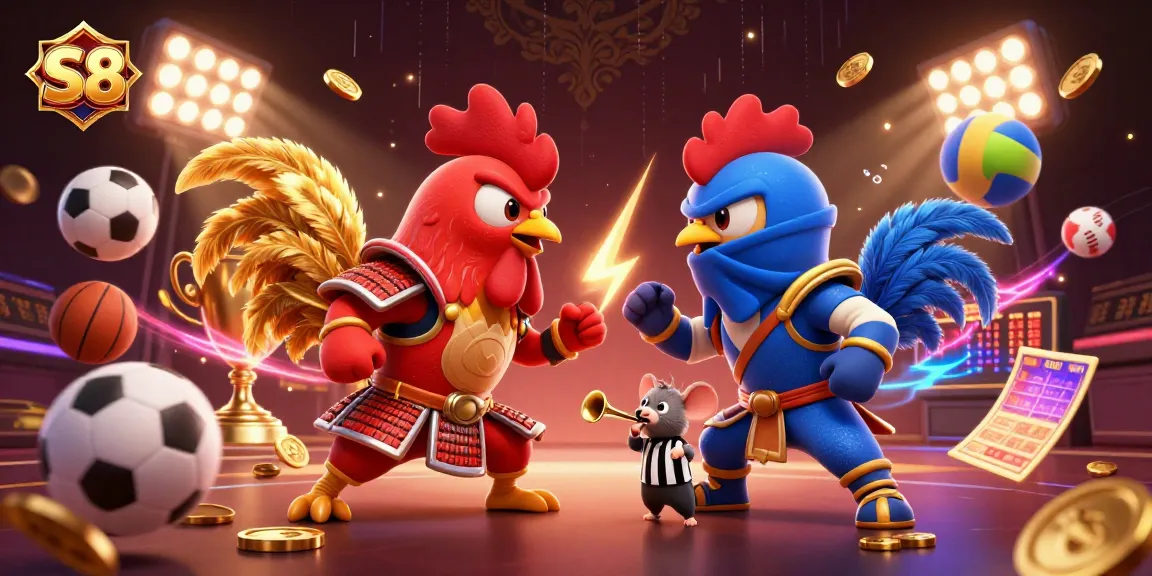Engage in thrilling betting at S8 while witnessing the epic showdown of samurai and ninja roosters.