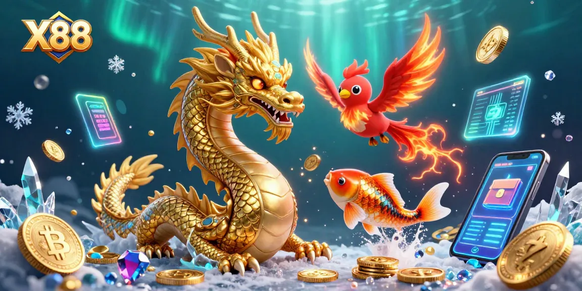 Experience excitement with X88 as the golden dragon and phoenix soar amidst winning coins in a vibrant casino.