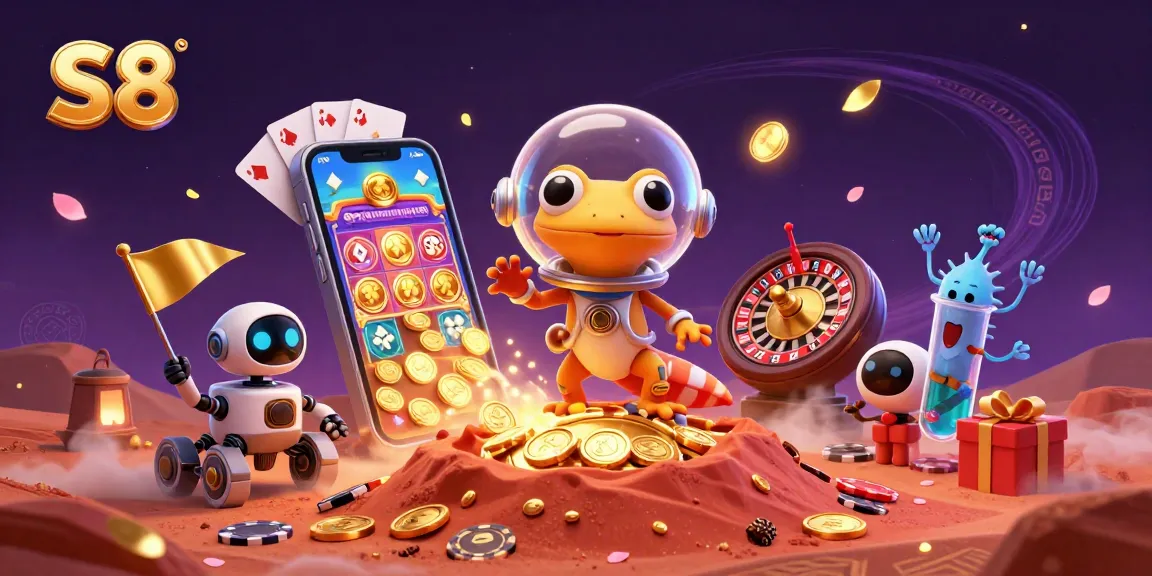 S8 casino excitement with a Martian gecko exploring a golden Mars casino amidst vibrant games and cheer.
