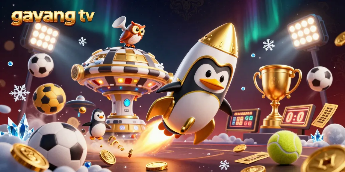 Bet on excitement with gavang tv featuring a golden penguin soaring toward a casino station.