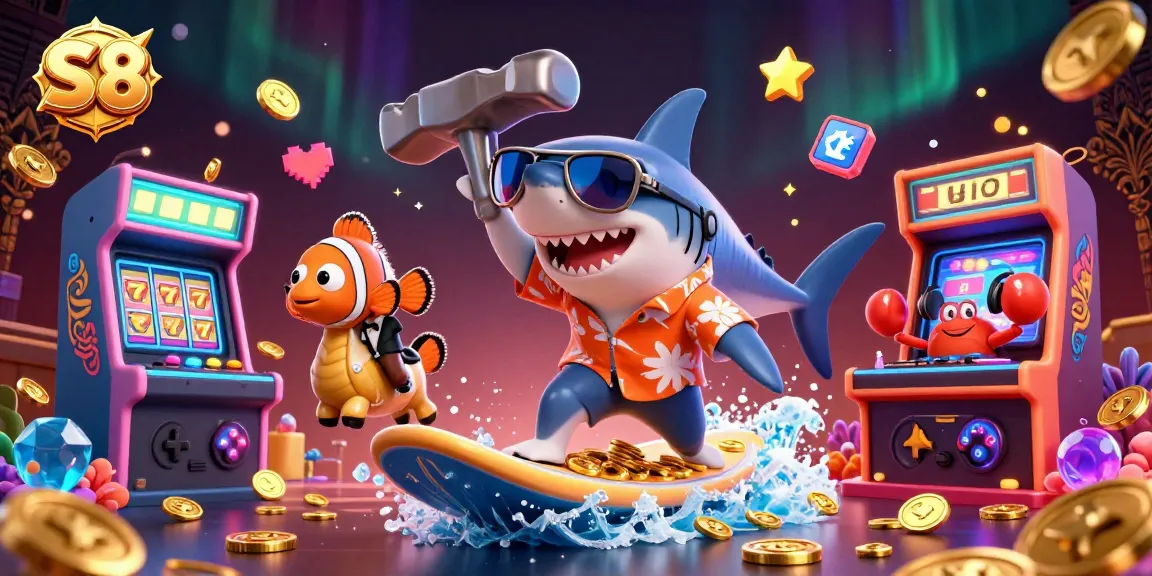 S8 players enjoying dynamic casino action in a vivid 3D illustration featuring cartoon characters and gambling elements.