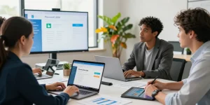 Professionelle Teamdiskussion zur Büro 2024 Professional Lizenz direkt herunterladen mit Laptops und Präsentationen.