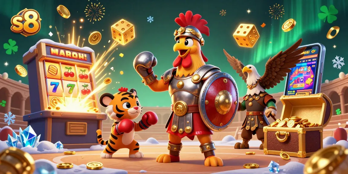 Experience dynamic gameplay at s8 as a gladiator rooster enjoys casino-like surroundings with winning symbols.