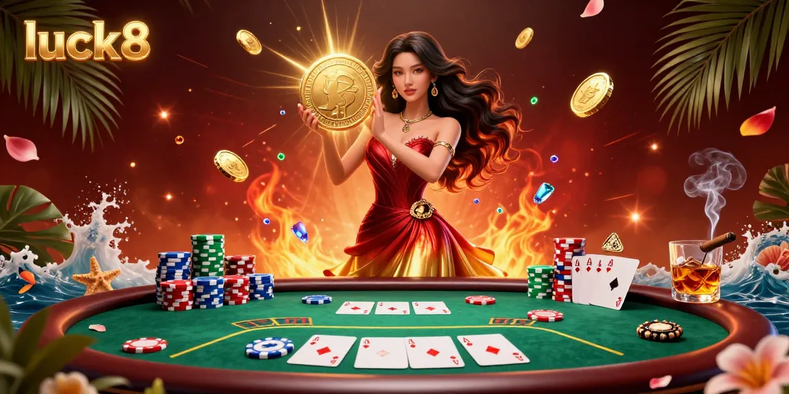 Win big with luck8 as a stunning Asian woman celebrates with a golden coin amidst a vibrant casino scene.