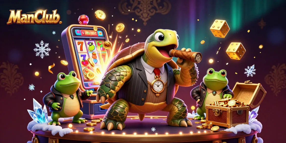 Experience thrilling wins with ManClub's vibrant casino scene featuring a snapping turtle in a suit.