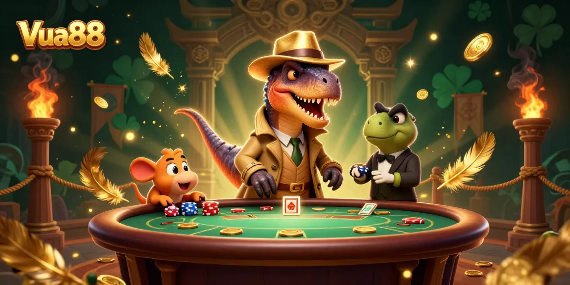 Vua88 features a velociraptor card counter at a blackjack table surrounded by a stegosaurus pit boss and lively casino elements.