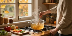 Klare Suppe mit frischen Zutaten in einer gemütlichen Küche zubereiten.