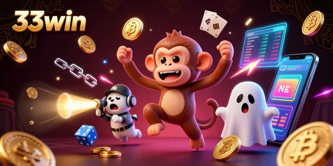 Engage with 33win's thrilling casino atmosphere featuring a mischievous monkey juggling gold coins.