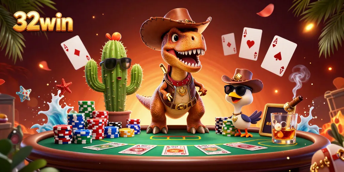 Win big at 32win with a dynamic poker scene featuring a T-Rex and friends!