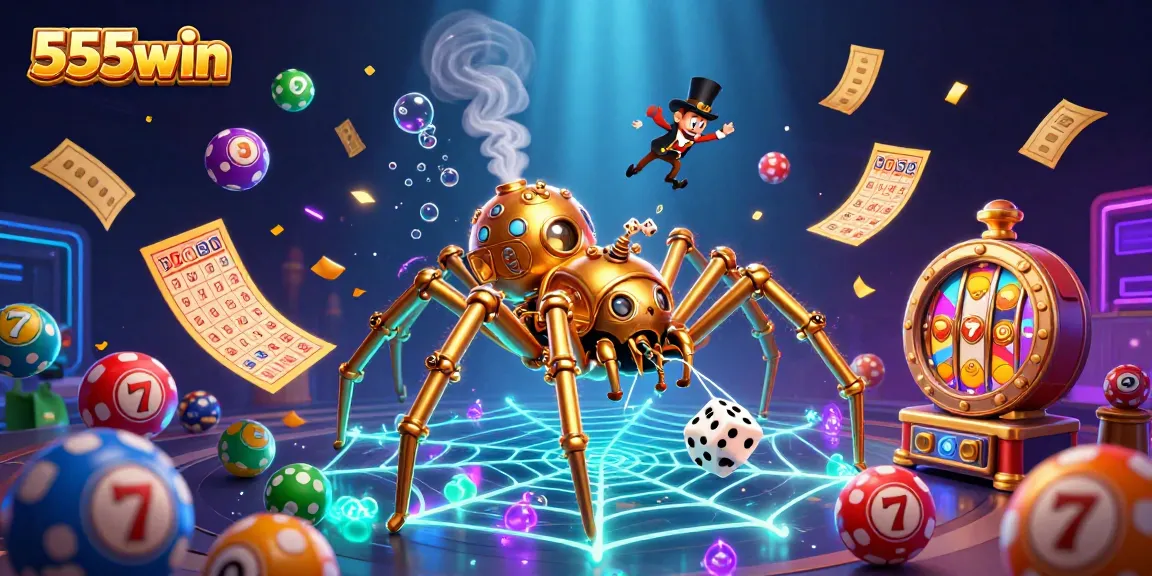 Experience thrilling gameplay at 555win with vibrant lottery elements and a whimsical character scene.