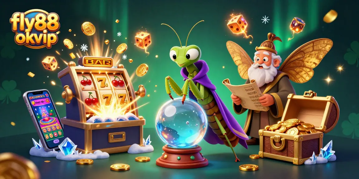 Win big with fly88 okvip at this 3D casino scene filled with slot machines, treasures, and mystical oracles.