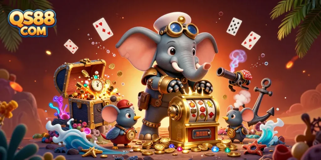 Engage with the exciting QS88 COM slot machine action featuring dynamic 3D characters and vibrant treasures.