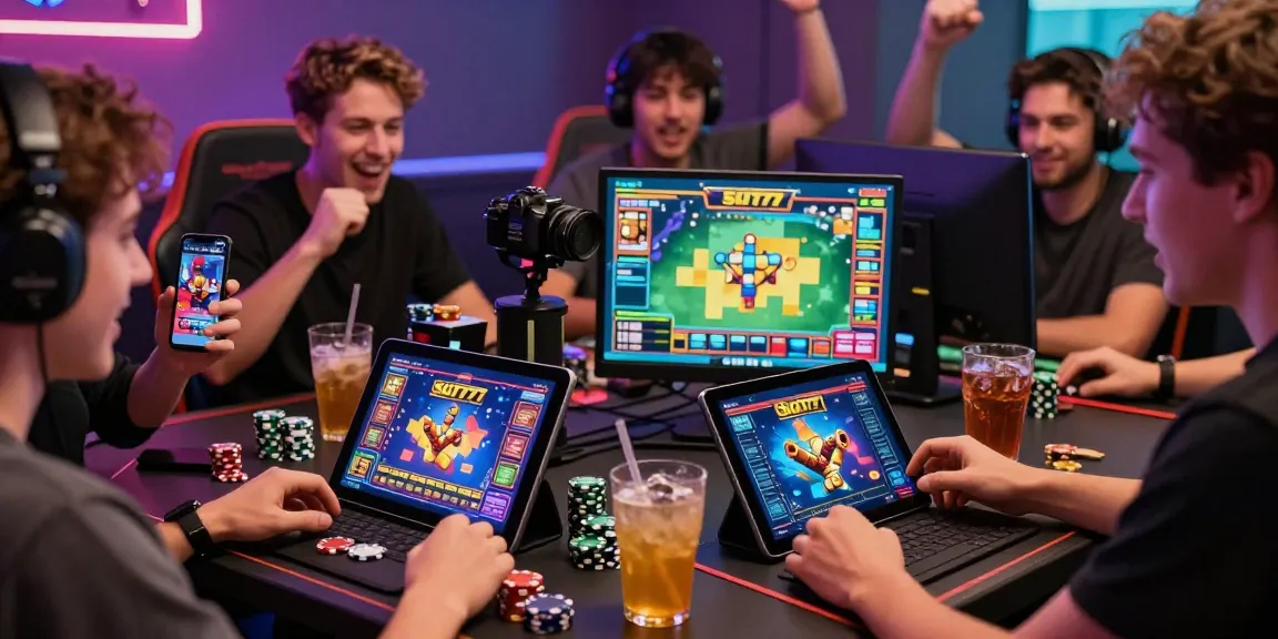 Serunya bermain Slot777 dengan teman sambil merayakan kemenangan di perangkat gaming modern.