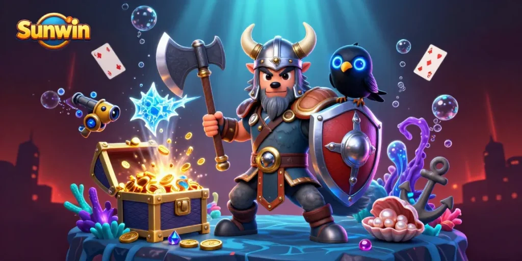Win big with Sunwin’s engaging games, featuring a fierce Viking warrior, dragon, and treasure.