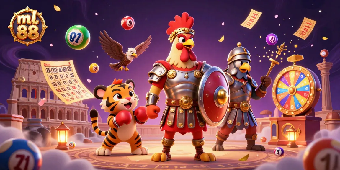 Engage with ml 88 in an exciting casino scene featuring a gladiator rooster and dynamic lottery elements.