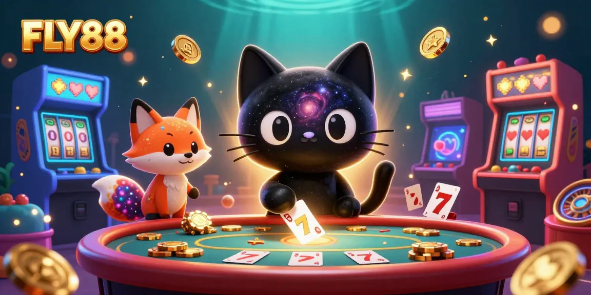 Engage in FLY88 with vibrant characters and casino elements in this 3D cosmic casino scene.