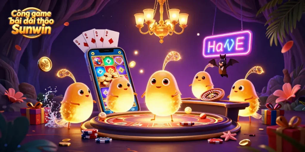 Cổng game bài đổi thưởng Sunwin features glowworms illuminating a cave casino scene, enhancing the ambiance with casino-themed elements.