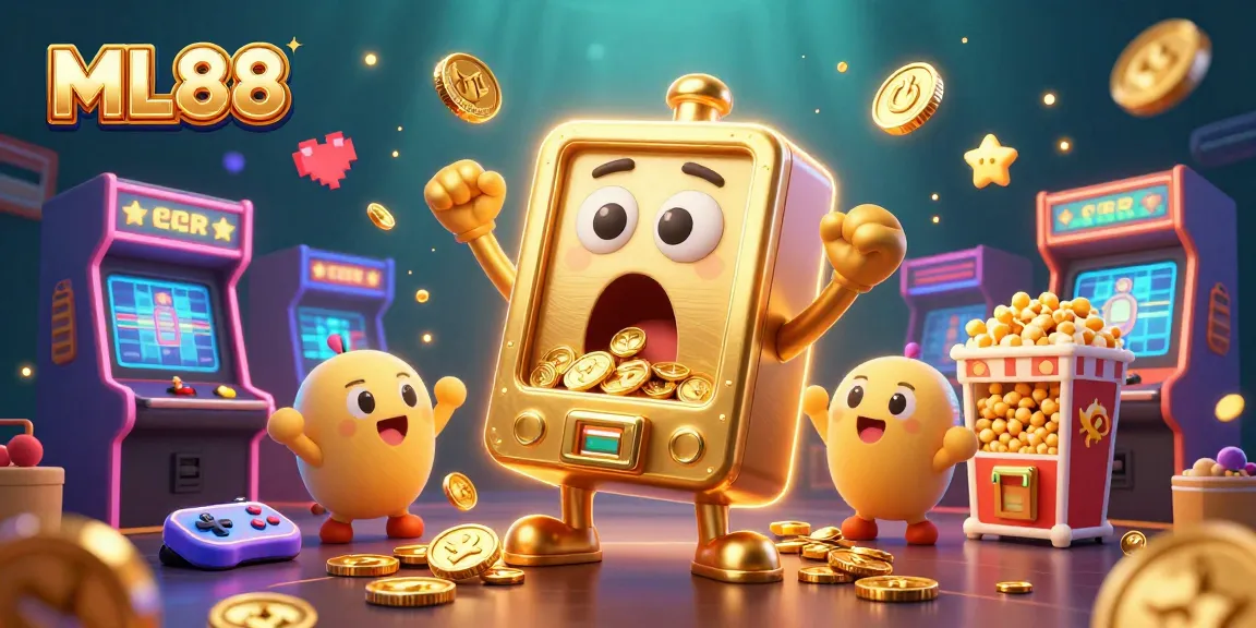 ML88 slot machine celebrates a jackpot win as coins cascade from its mouth in a lively casino scene.
