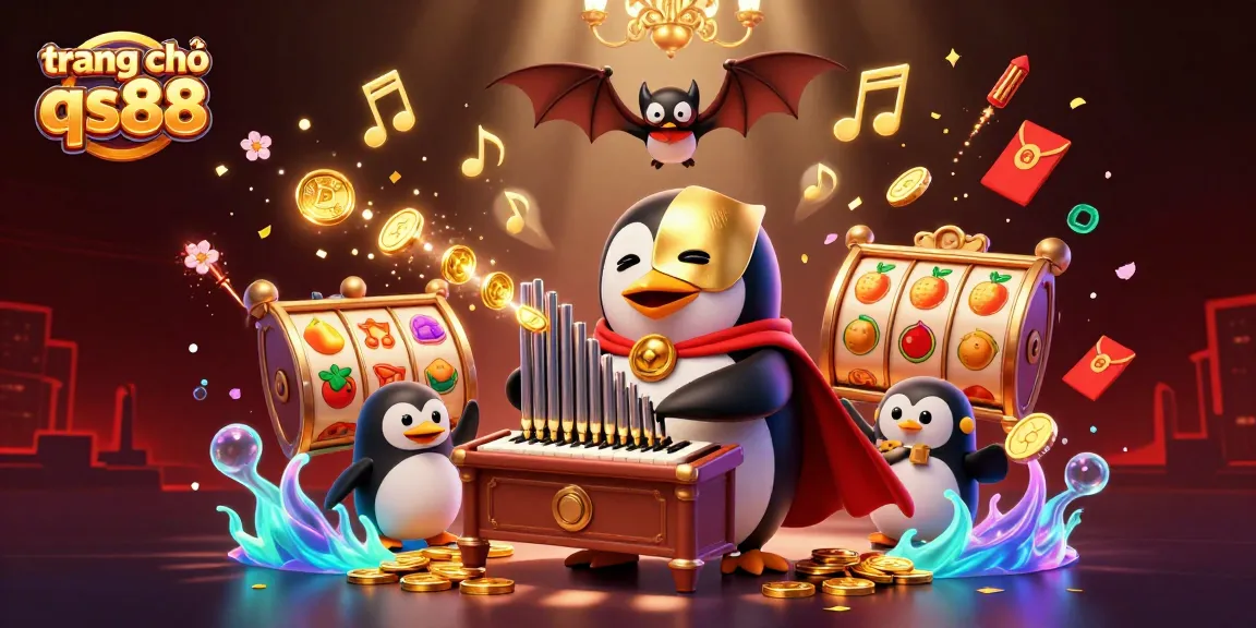 Catch the excitement at trang chủ qs88 with a lively scene of a penguin playing music and casino elements.