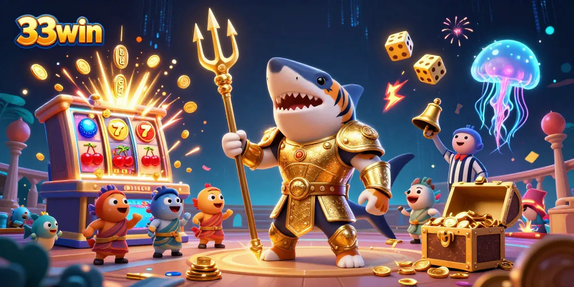 Experience the thrill of winning at 33win with a vibrant 3D casino scene featuring dynamic characters and gaming elements.