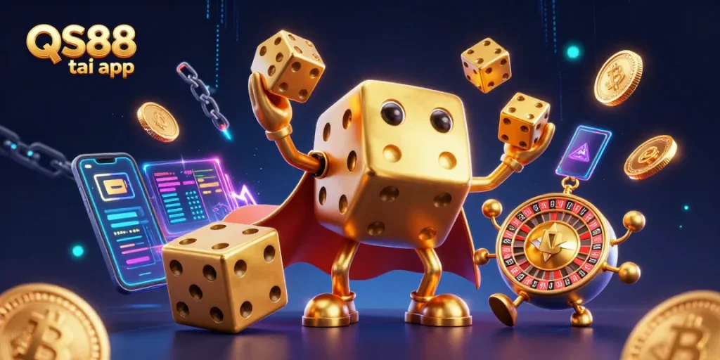 Join the excitement of QS88 tai app with a dynamic illustration of gaming elements and golden characters.