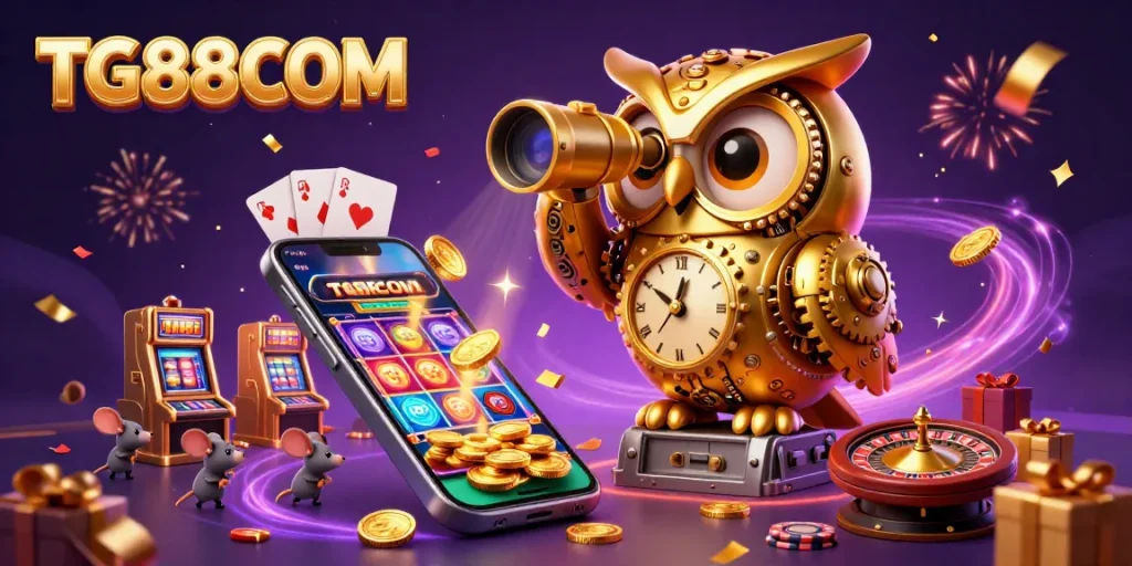 Experience thrilling winnings at TG88COM with a dynamic casino scene featuring a golden owl and vibrant gaming elements.