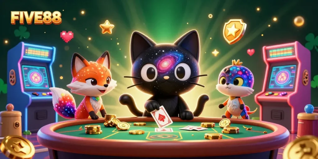 Experience the magic of FIVE88 at a cosmic casino with a black hole cat and nebula fox.