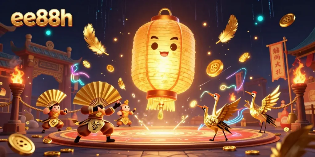 Engage with ee88h as the golden lantern spirit glows above a vibrant casino scene filled with luck and action.