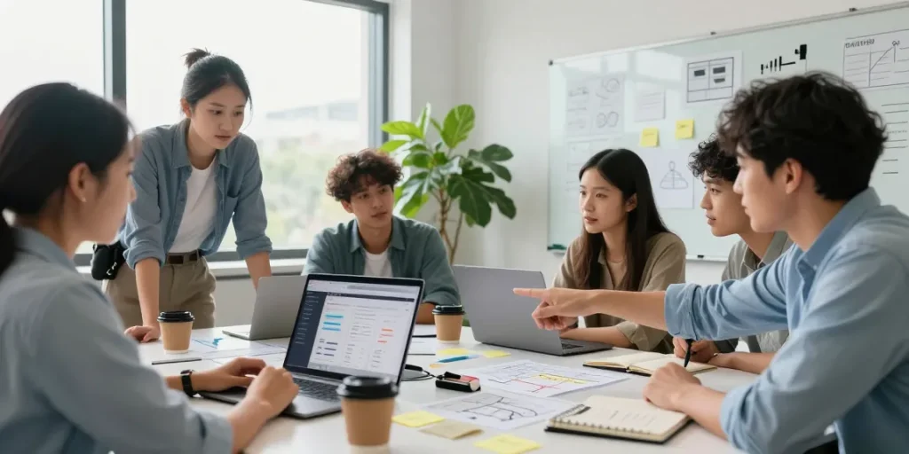 Team collaborating to build internal tools with AI in a modern office setting.