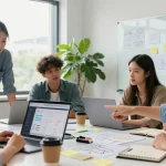Team collaborating to build internal tools with AI in a modern office setting.