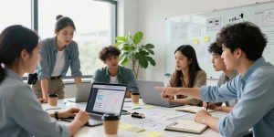 Team collaborating to build internal tools with AI in a modern office setting.