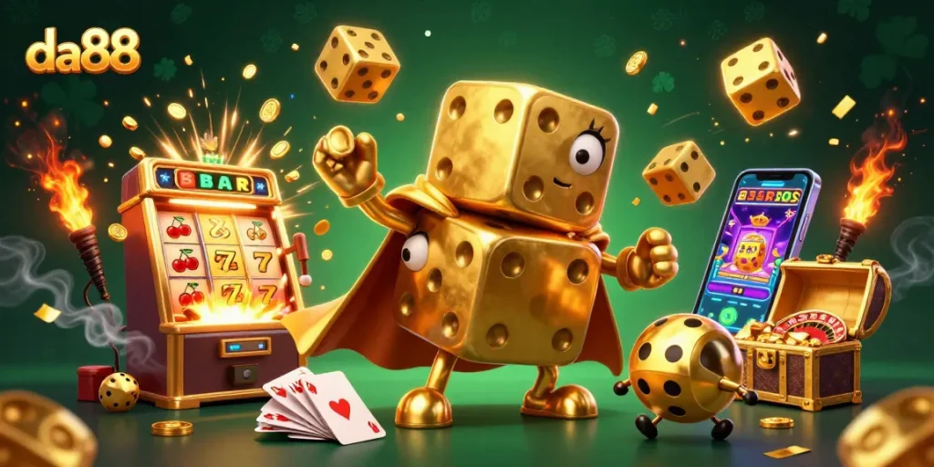 Join the excitement at da88 with a golden dice golem juggling luck while coins rain down!