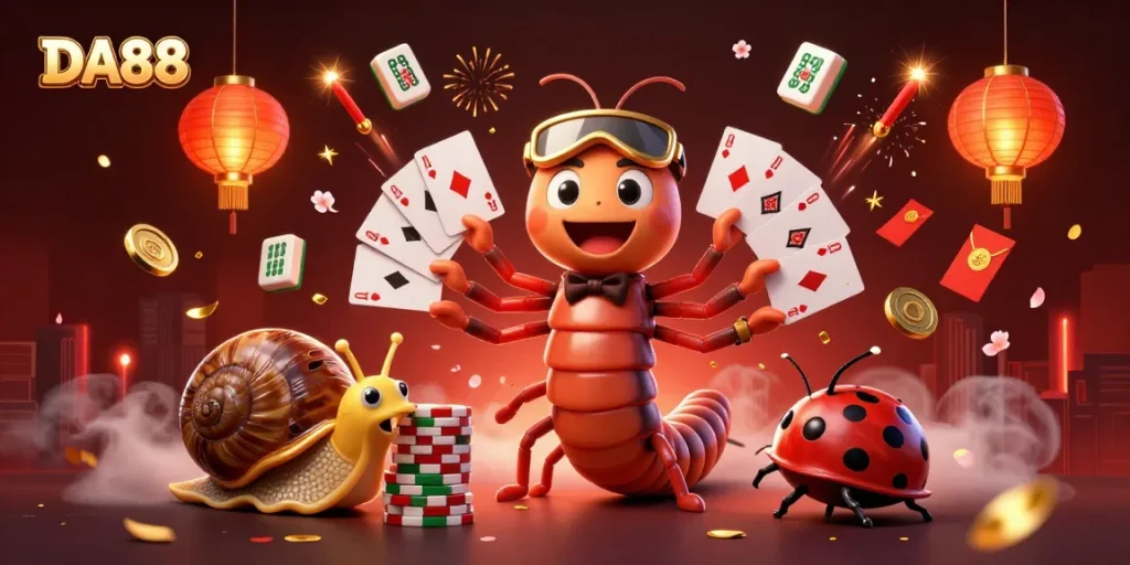 Experience winning at DA88 with a dynamic casino scene featuring a whimsical millipede dealer.