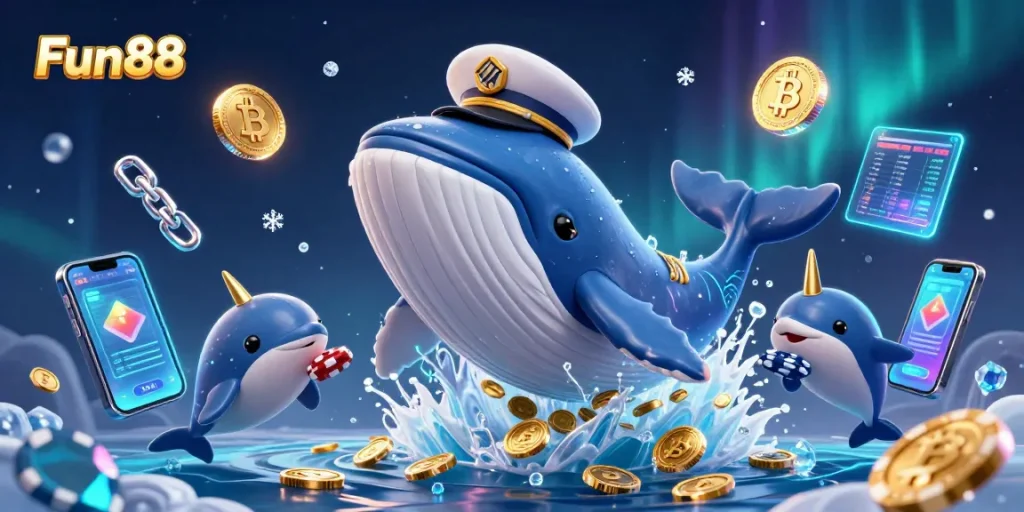 Fun88 soaring through a treasure of coins, showcasing crypto gaming with vibrant whales and dolphins.