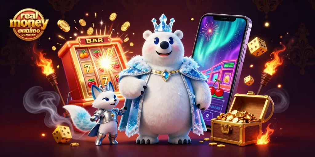 Engage in real money casino games Australia with a winning scene featuring cartoon characters and vibrant casino elements.