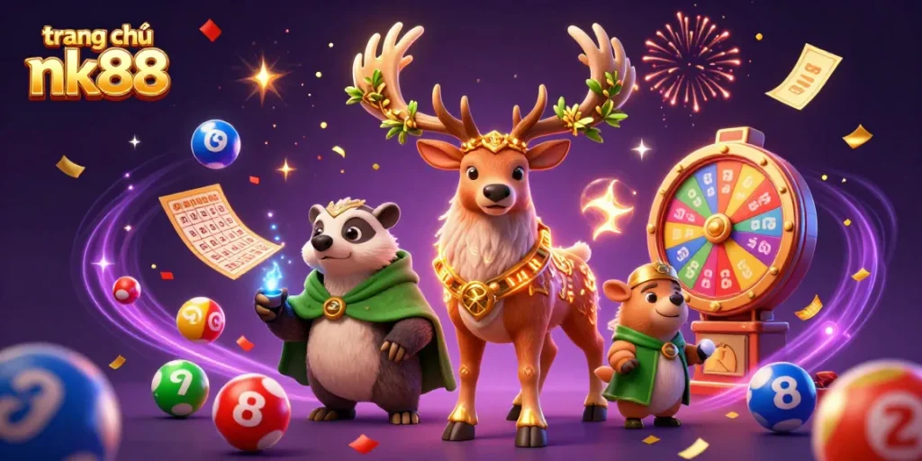 Experience vibrant gameplay at trang chủ nk88 with 3D casino characters surrounded by dynamic lottery elements.
