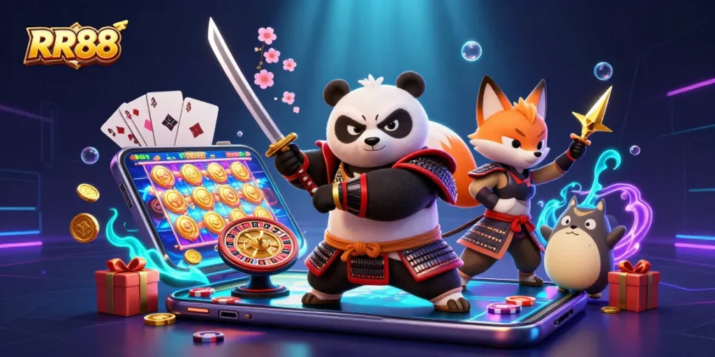 Experience the thrilling world of RR88 with our vibrant casino illustration featuring samurai panda, ninja fox, and magical elements.