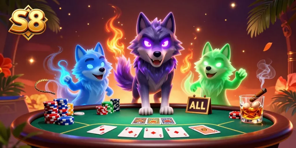 S8 players engage at a vibrant poker table with glowing elements and dynamic gameplay.