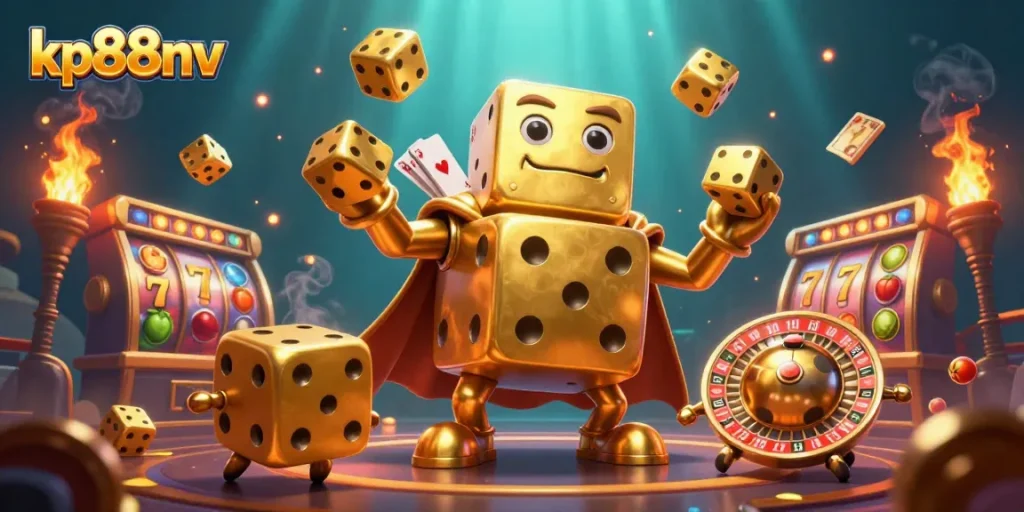 Engage thrilling jackpots with kp88nv, showcasing golden dice, slot reels, and winning symbols.