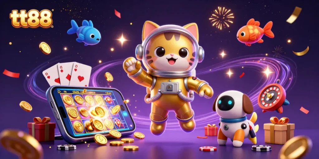 Experience thrilling gaming adventures with tt88 in this vibrant 3D illustration featuring an astronaut cat and gambling elements.