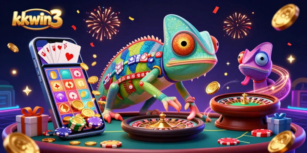 Engage in thrilling wins at kkwin3 with vibrant casino action featuring a colorful chameleon.