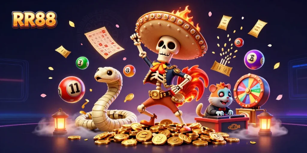 Celebrate big wins with RR88's colorful lottery-themed 3D illustration featuring dynamic gaming elements.
