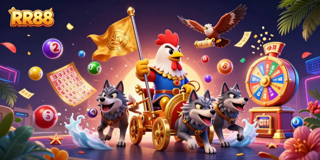 Explore RR88's vibrant gaming world with a rooster champion, lottery dynamics, and casino excitement.