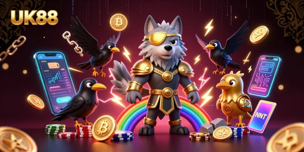 Engage with UK88's vibrant 3D casino scene showcasing Odin and ravens amid neon cryptocurrency elements.